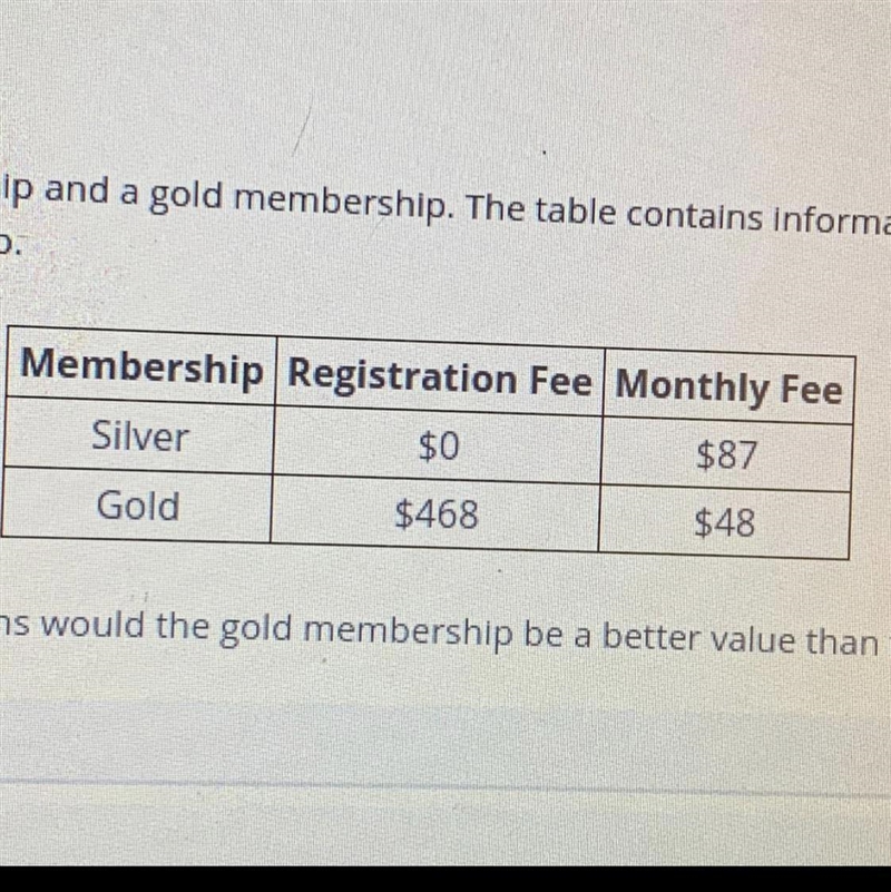 The health club offers a silver membership and a gold membership at the table contains-example-1