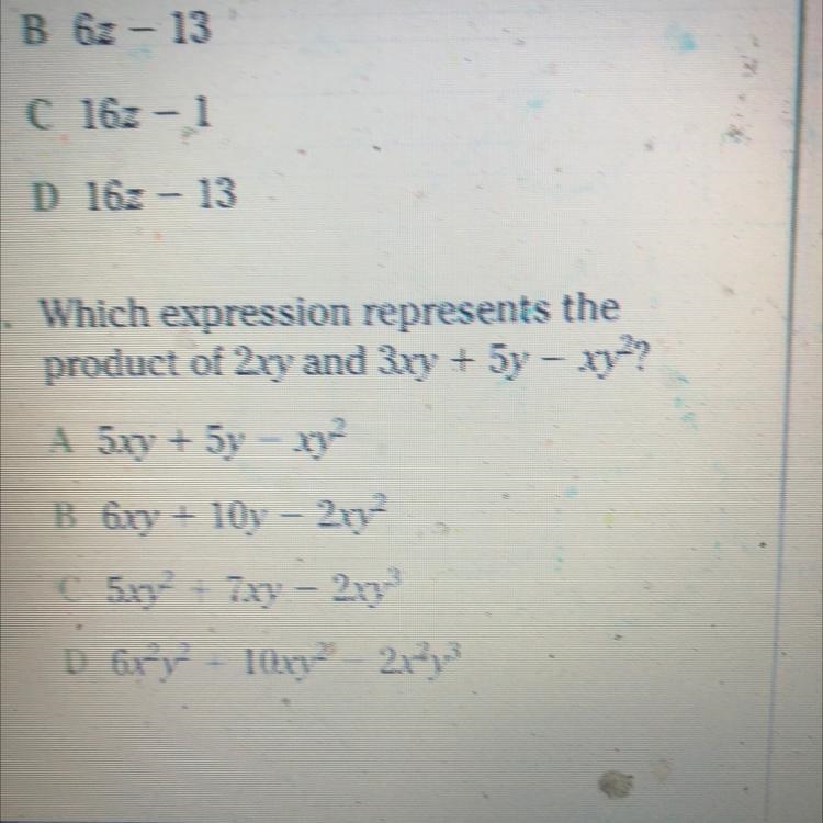 Which expression represnts the product of 2xy and 3xy+5y-xy^2-example-1