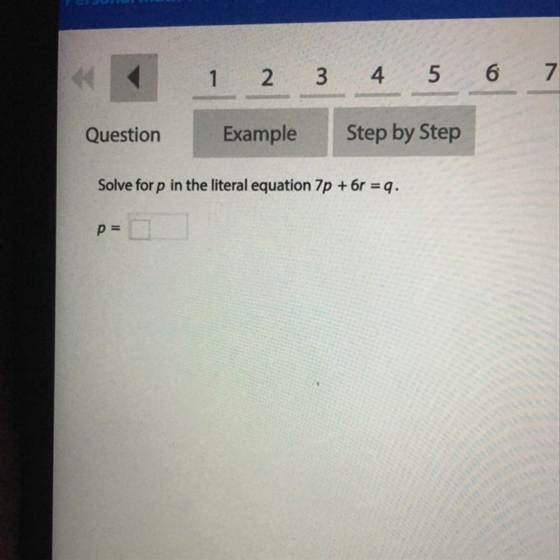 Solve for p in the literal equation 7p + 6r= q p=-example-1