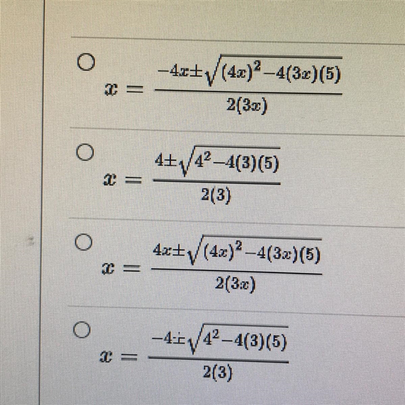 Which of the following is the correct substitution into the quadratic formula? 3x-example-1