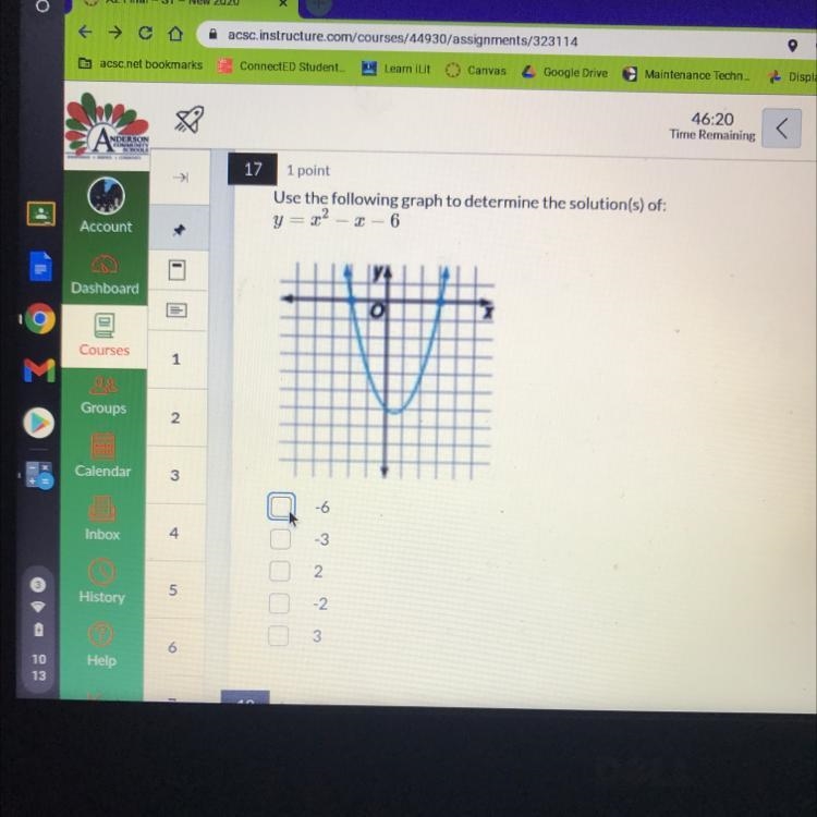 " Use the following graph to determine the solution(s) of: y= x^2- x - 6-example-1