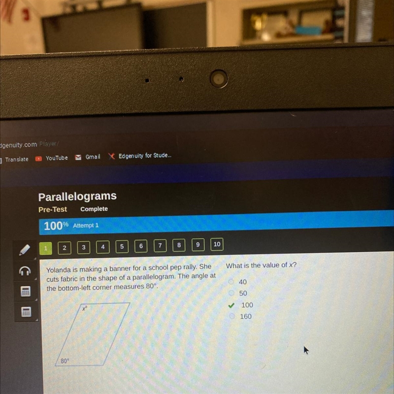 Parallelograms pre test on edg 2020 !ANSWERS ! 1.c 2.c 3.a 4.b 5.c 6.c 7.d 8.d 9.d-example-1