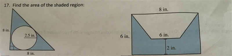 Can someone please help me find find the area of the shaded region for 2 figures please-example-1