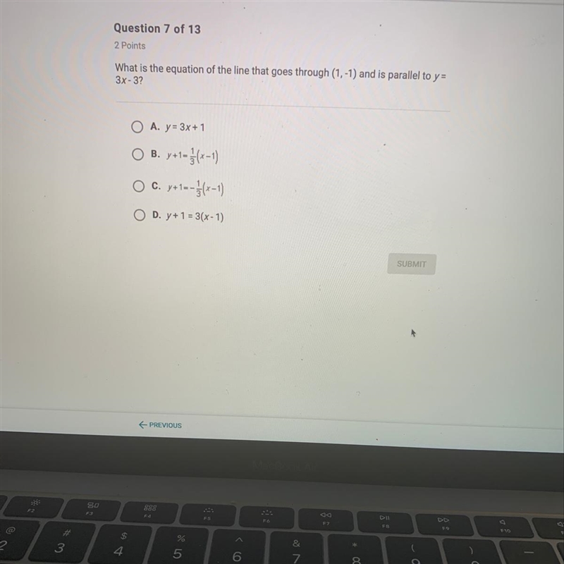 What is the equation of the line that goes through (1,-1) and is parallel to y= 3x-example-1