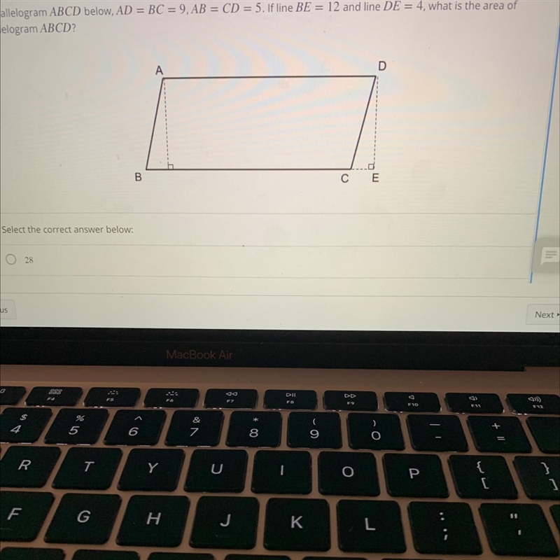 In parallelogram ABCD below, AD = BC = 9, AB = CD = 5. If line BE = 12 and line DE-example-1