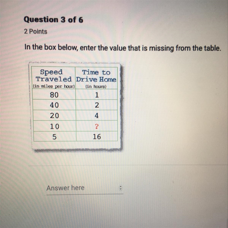 In the box below, enter the value that is missing from the table. Speed Time to Traveled-example-1