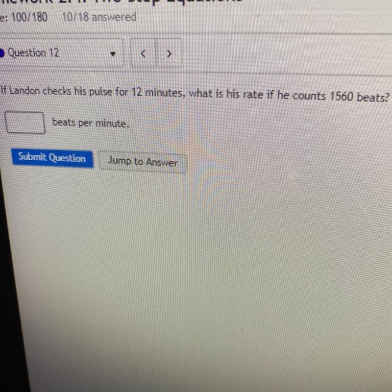 If Landon checks his pulse for 12 minutes, what is his rate if he counts 1560 beats-example-1