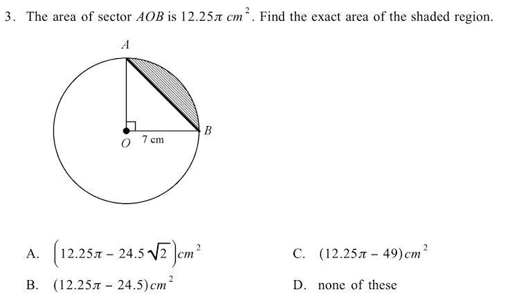 The area of sector aob is 12.25 find the exact area o the shaded region-example-1