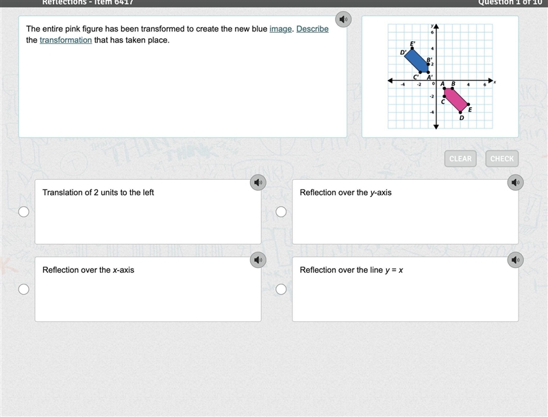 The entire pink figure has been transformed to create the new blue image. Describe-example-1