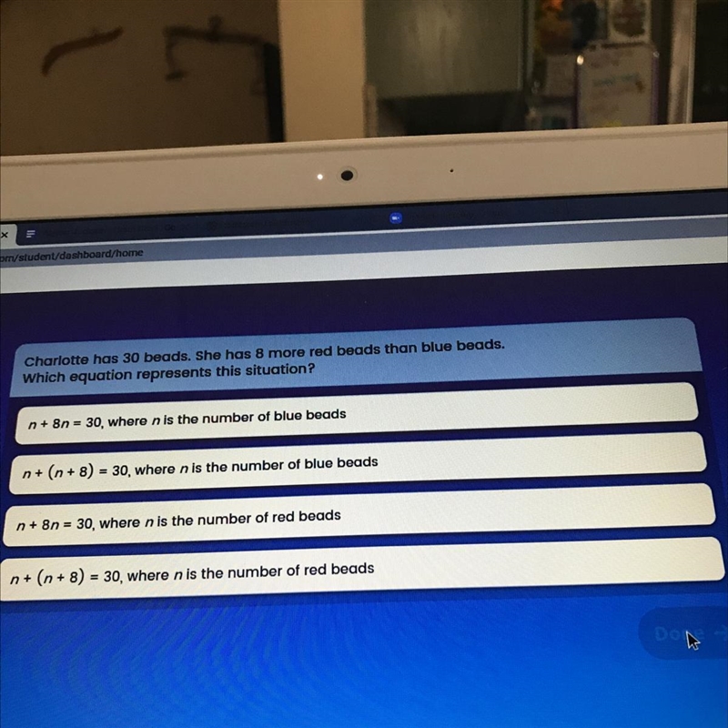 Charlotte has 30 beads. She has 8 more red beads than blue beads. Which equation represents-example-1