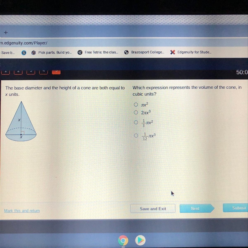 The base diameter and the height of a cone are both equal to x units. Which expression-example-1