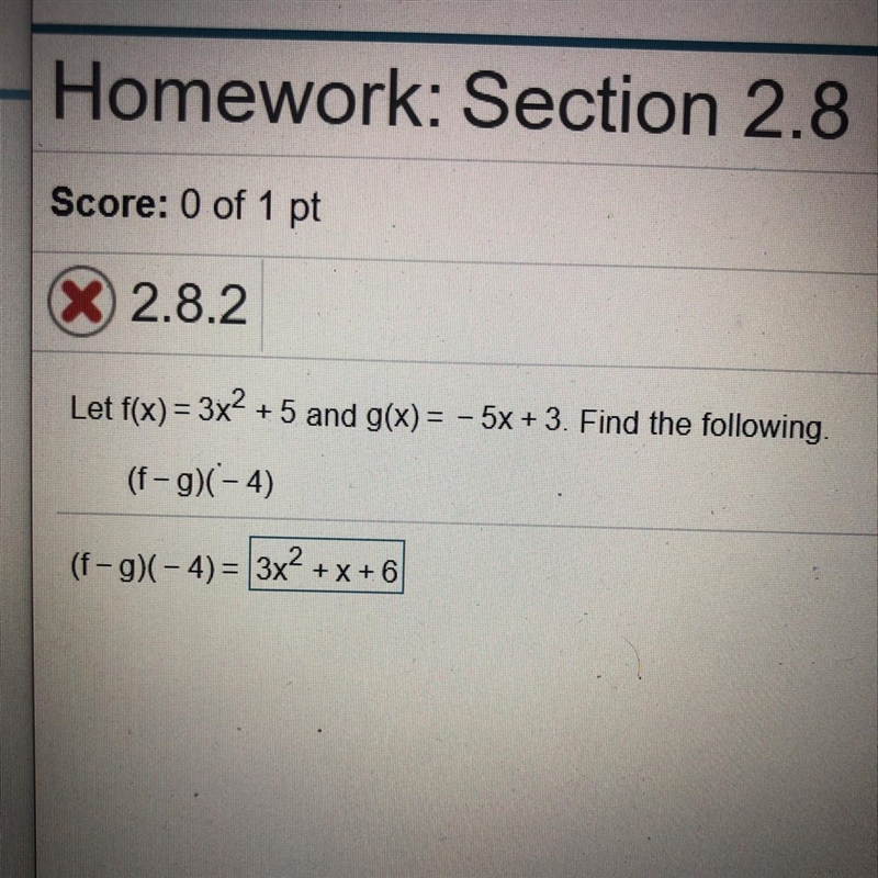 Let f(x)= 3x2 +5 and g(x) = - 5x + 3. Find the following. (f-g)(-4) (f-9)(-4)=-example-1