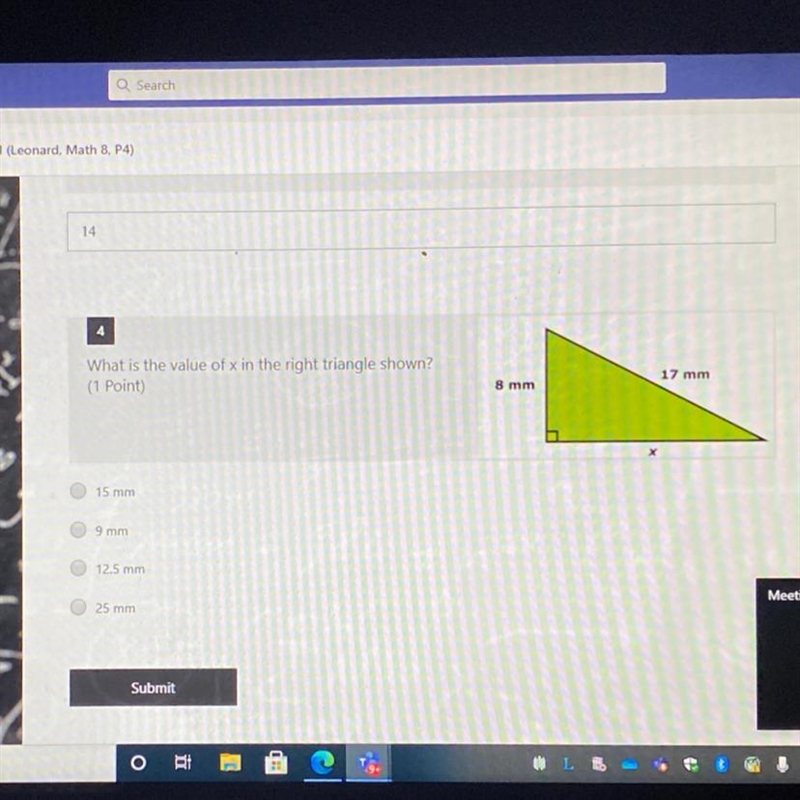 What is the value of x in the right triangle shown? 15 mm 9 mm 12.5 mm 25 mm-example-1