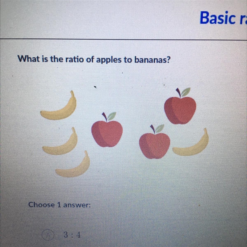 What is the ratio of apples and bananas. Choose 1 answer (A) 3:4 (B) 4:3 (C) 3:7 (D-example-1