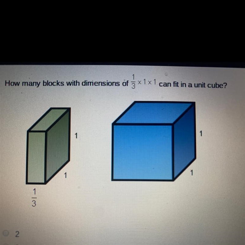 How many blocks with dimensions of 1/3 x1 x1 can fit in a unit cude-example-1