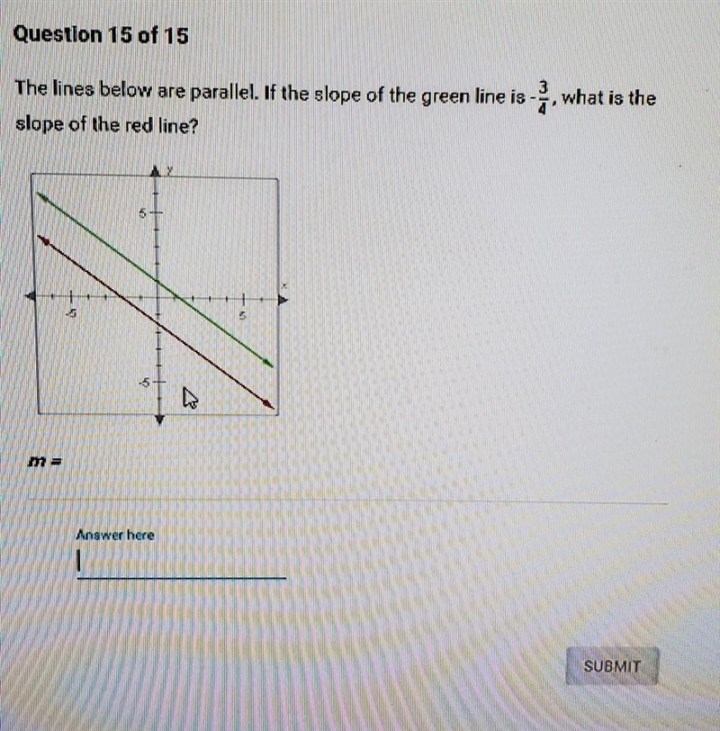 PLS HELP The lines below are parallel. If the slope of the green line is -3/4, what-example-1