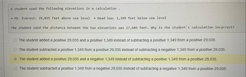 A student used the following elevations in a calculation. • Mt. Everest: 29,035 feet-example-1