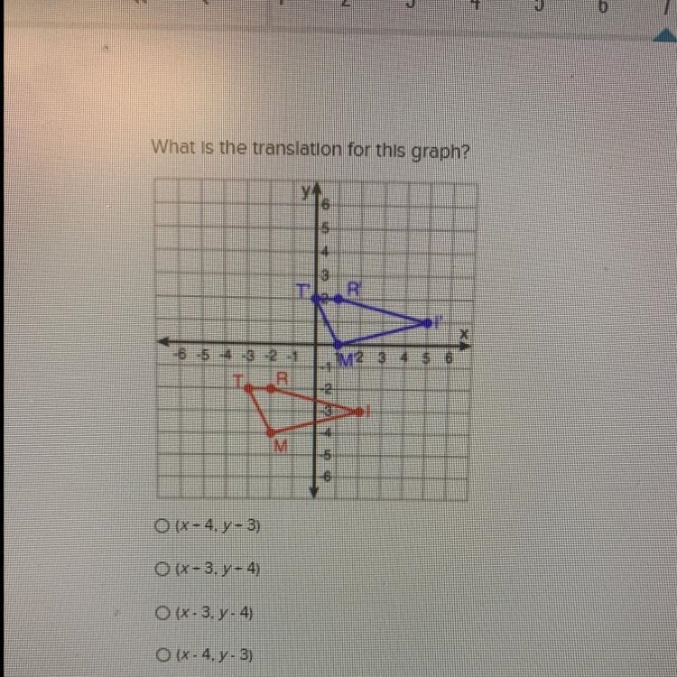 What is the translation for this graph? O (X-4, Y-3) O (X-3. y - 4) O (X-3. y. 4) O-example-1