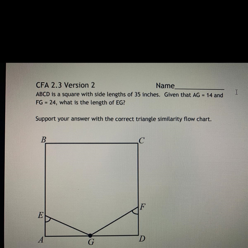 ABCD IS A SQUARE WITH LENGTHS OF 35 INCHES GIVEN THAT AG=14 AND FG=24 WHAT IS THE-example-1