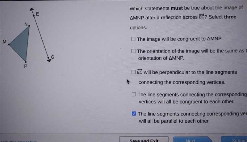 which statements must be true about the image of triangle MNP after a reflection across-example-1