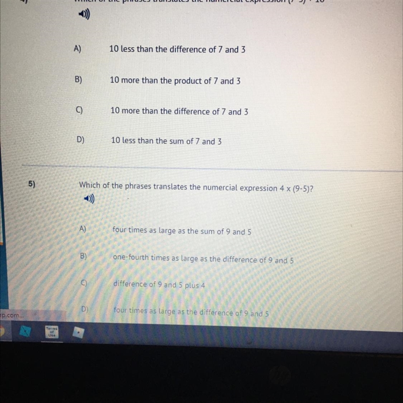 Which of the phrases translated the numerical expression 4 x (9-5)? Need answer to-example-1