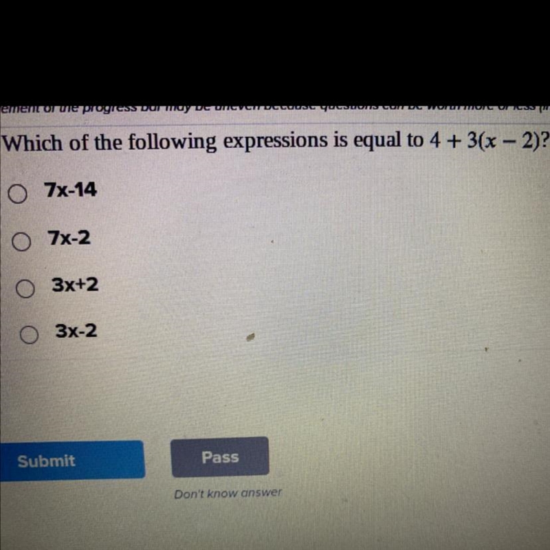 Which of the following expressions is equal to 4+3(x-2)?-example-1