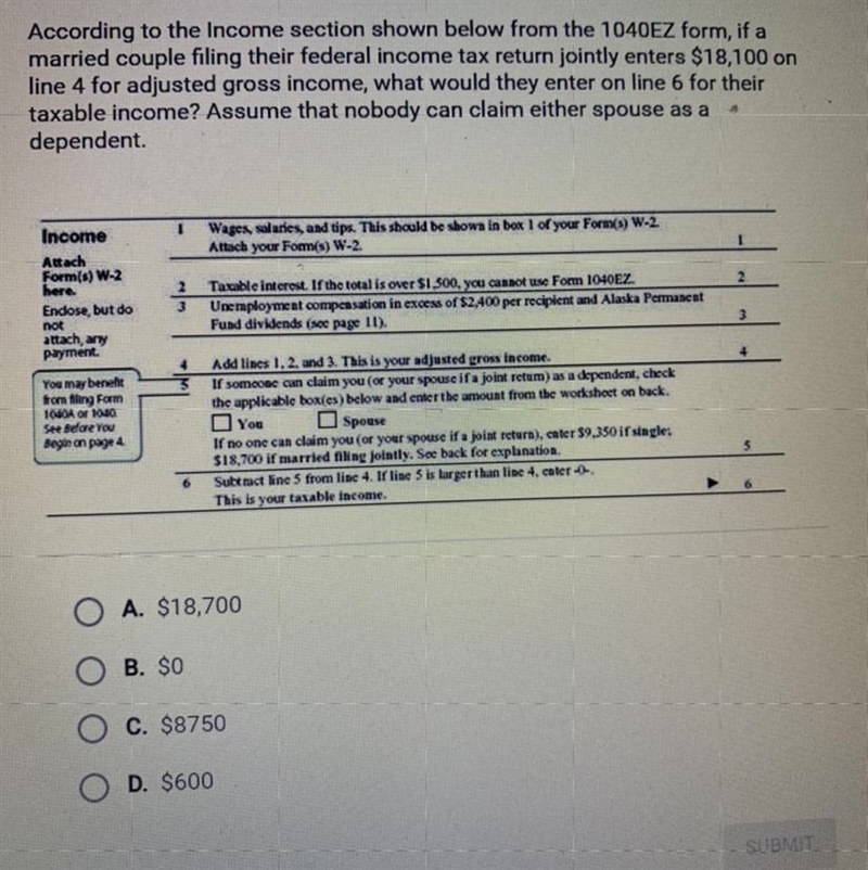 According to the Income section shown below from the 1040EZ form, if a married couple-example-1