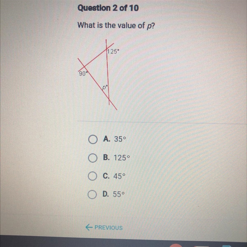 What is the value of p? A. 35° B. 1250 C. 45° D. 55°-example-1