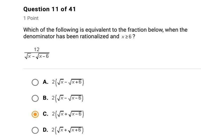 Which of the following is equivalent to the radical expression below, when the denominator-example-1