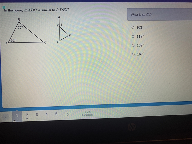 In the figure, △ABC is similar to △DEF. what is m∠1-example-1