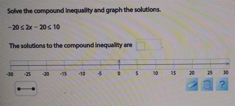 Solve the compound - 20 ≤ 2x - 20 ≤ 10​-example-1