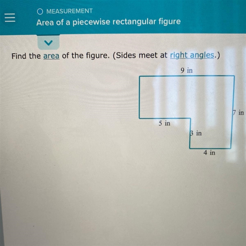 Find the area of the figure. (Sides meet at right angles.) 9 in in 5 in B in 4 in-example-1