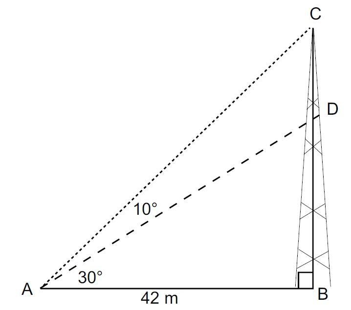 A communications tower is supported by two wires, connected at the same point on the-example-1