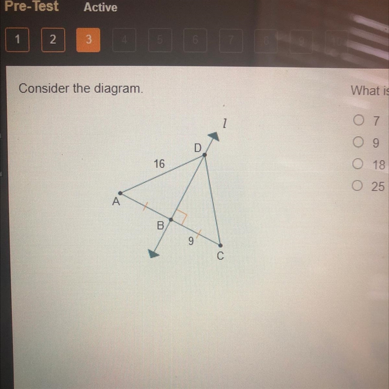 Consider the diagram. What is the length of segment AB? A) 7 B) 9 C) 18 D) 25-example-1