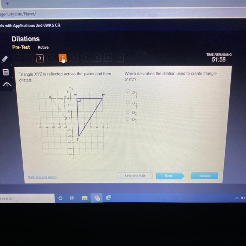 Triangle xyz is reflected across the y axis and then dilated which describes the dilation-example-1