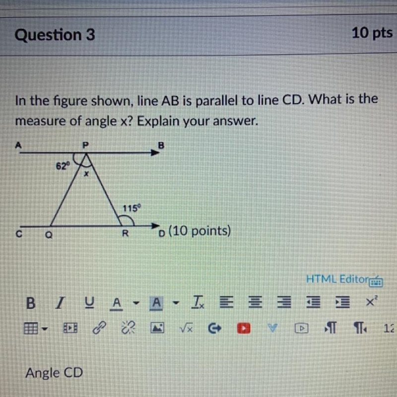 In the figure shown, line AB is parallel to line CD. What is the measure of angle-example-1