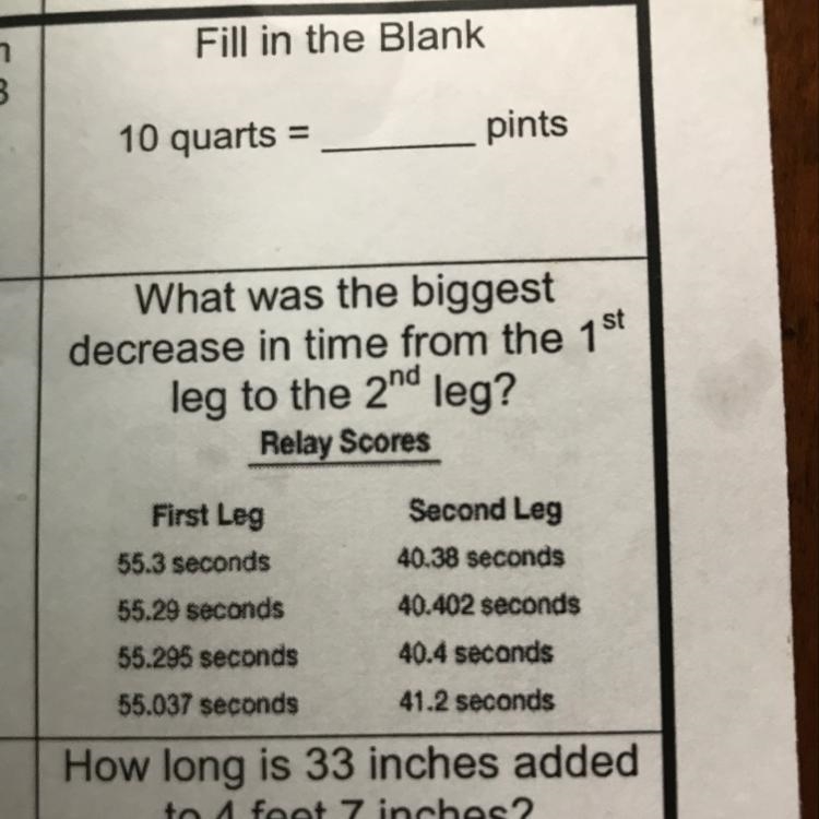 What was the biggest decrease in time from the 1st leg to the 2nd leg? Relay Scores-example-1