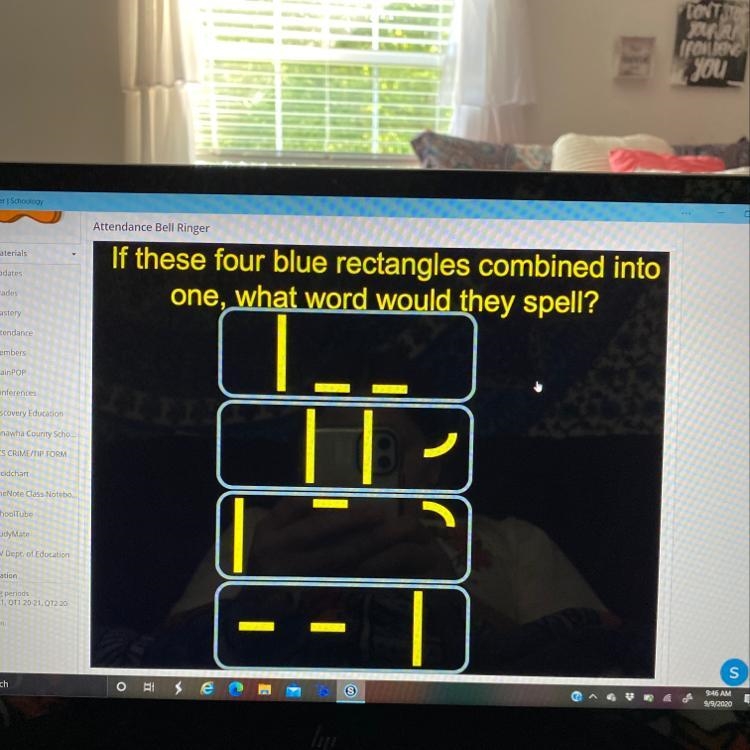 If these four blue rectangles combined into one, what word would they spell?-example-1