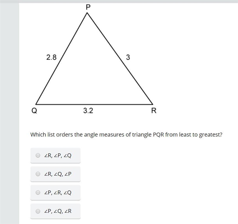 Which list orders the angle measures of triangle PQR from least to greatest?-example-1