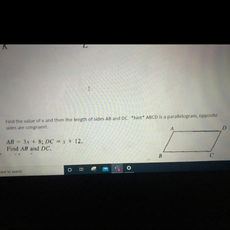 Find the value of X, then find AB and DC. (opposite sides are congruent) AB= 3x+8 DC-example-1