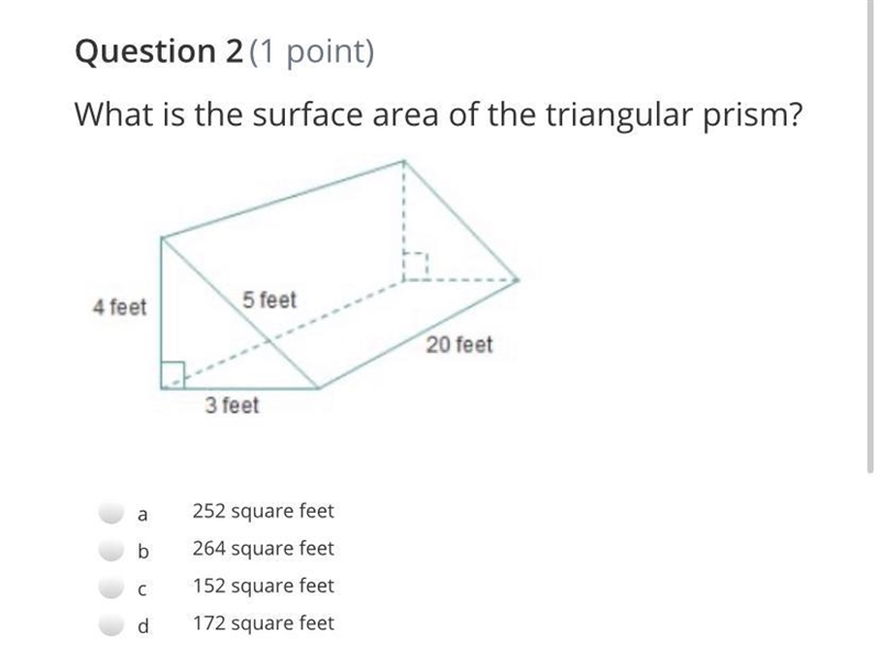 What is the surface area of the triangular prism? Triangular prism a 252 square feet-example-1