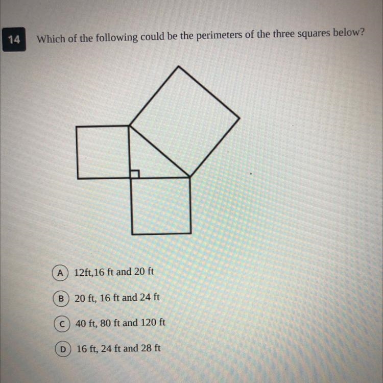 Which of the following could be the perimeters of the three squares below? A 12ft-example-1