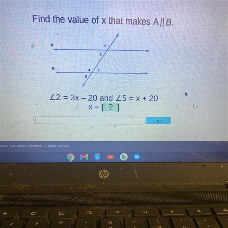 Find the value of x that makes A||B. Z2 = 3x - 20 and 25 = x + 20 x= [ ? ]-example-1