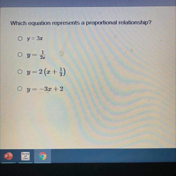 Which equation represents a proportional relationship?-example-1