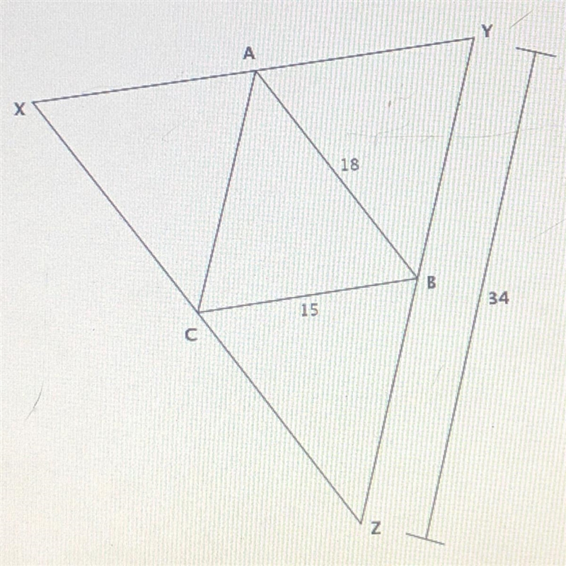 A, B, and C are the midpoints of XY, YZ, and XZ. Find the perimeter of XYZ-example-1