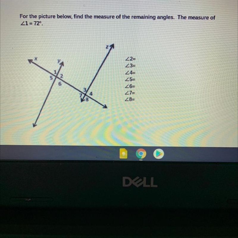 For the picture below, find the measure of the remaining angles. The measure of angle-example-1