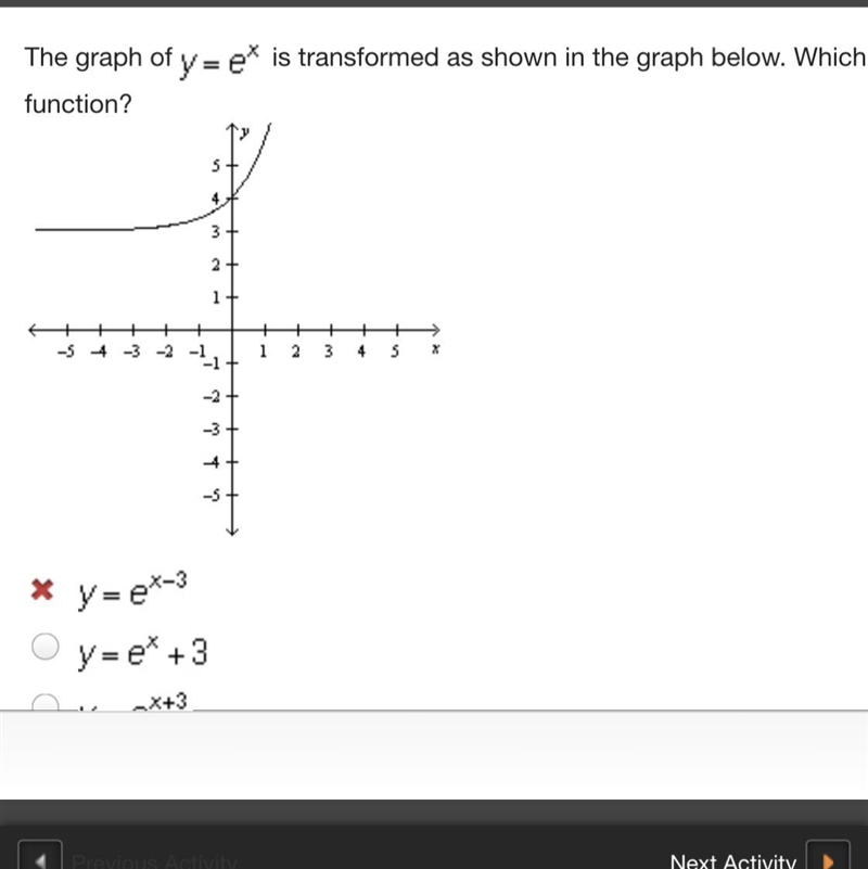 The graph of y =ex is transformed as shown in the graph below. Which equation represents-example-1