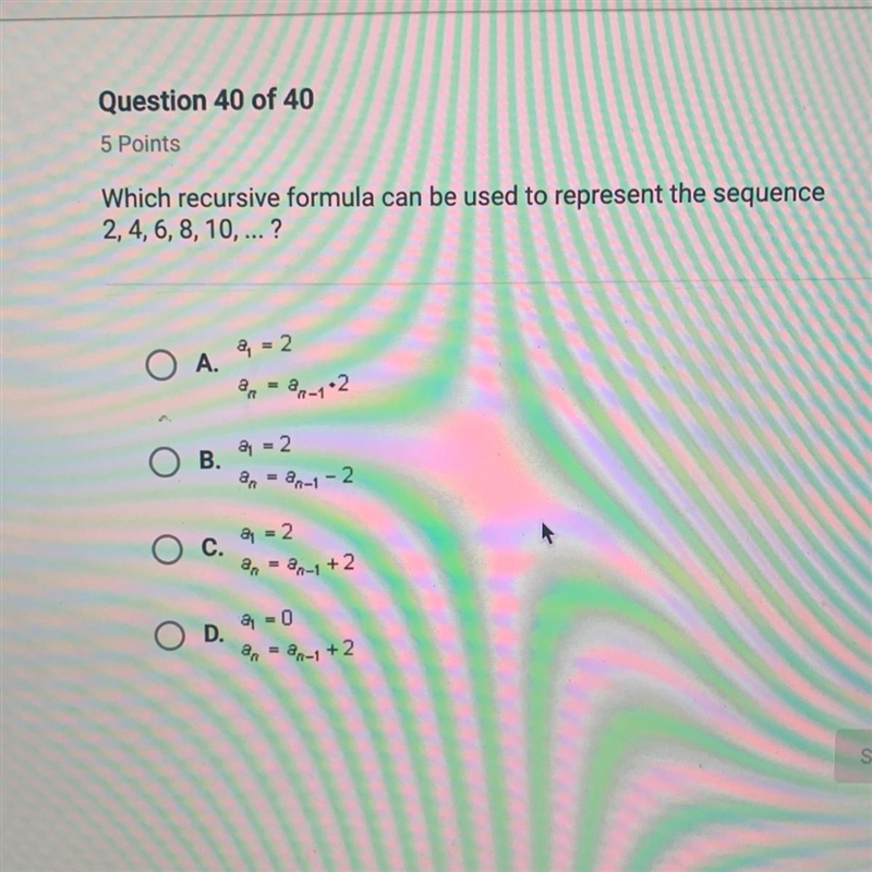 Which recursive formula can be used to represent the sequence 2, 4, 6, 8, 10, ... ? PLEASE-example-1