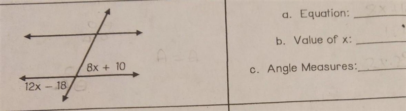 Applying Angle Relationships 8x+10=12x-18​-example-1