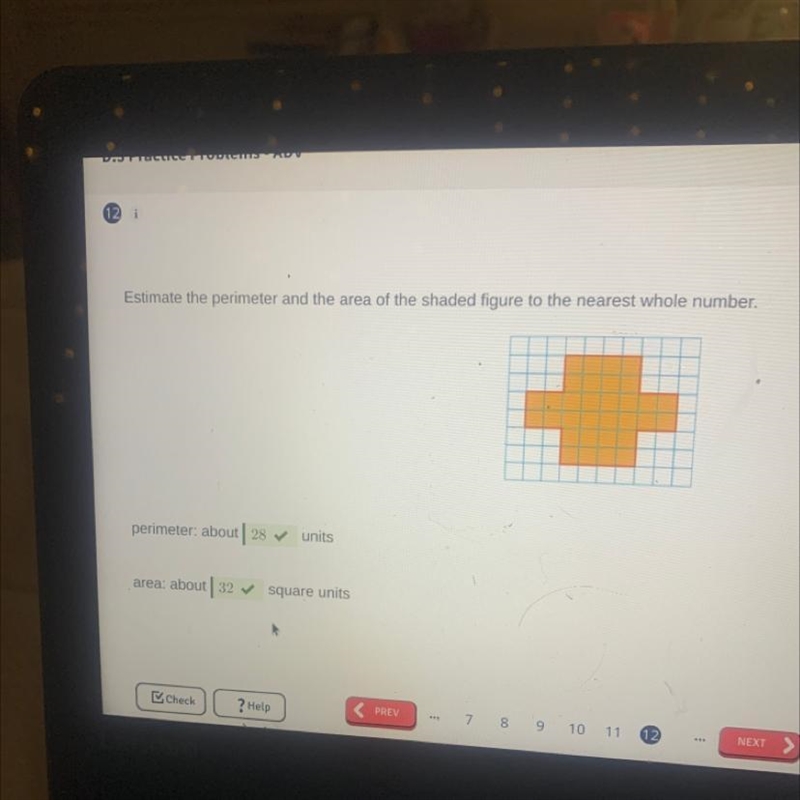 Estimate the perimeter and the area of the shaded figure to the nearest tenth.-example-1